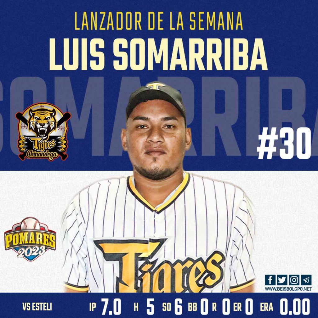 Luis Somarriba lanzador de la semana 13 Pomares 2023